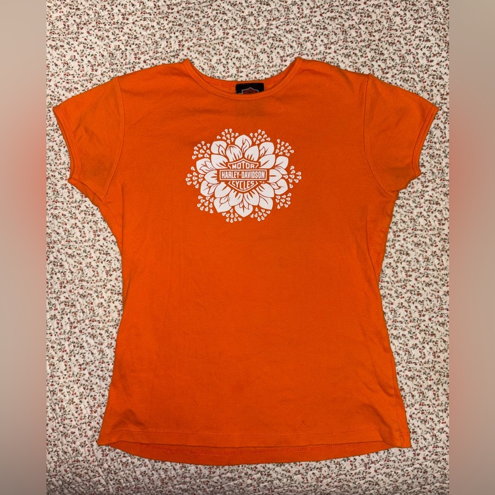 Stunning orange vintage Harley Davidson Baby Tee With Floral details